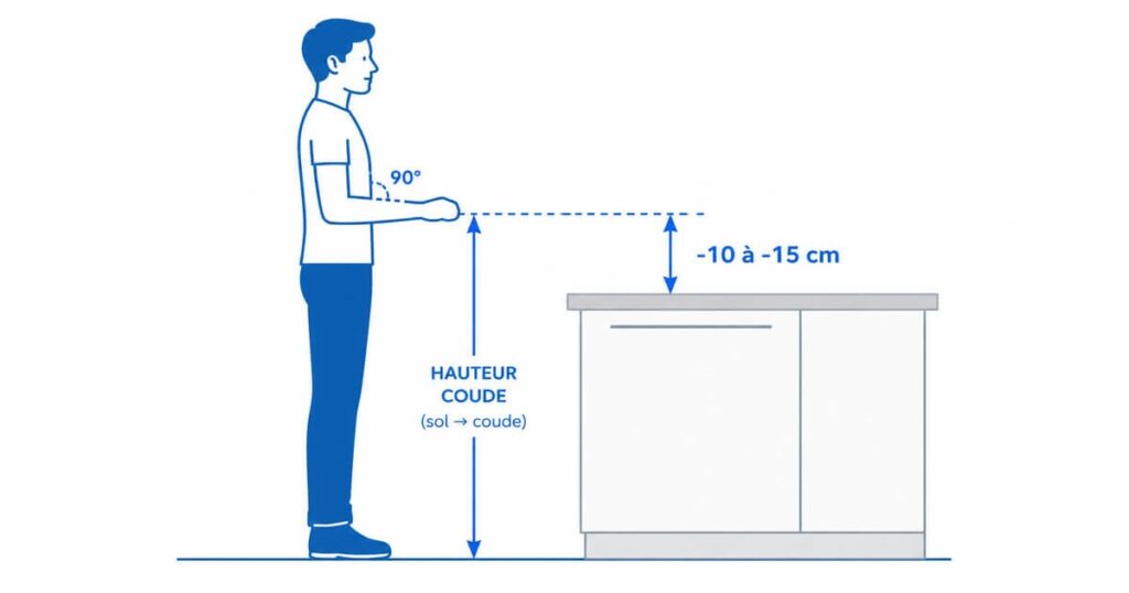 Schéma de la méthode du coude pour calculer la hauteur du plan de travail