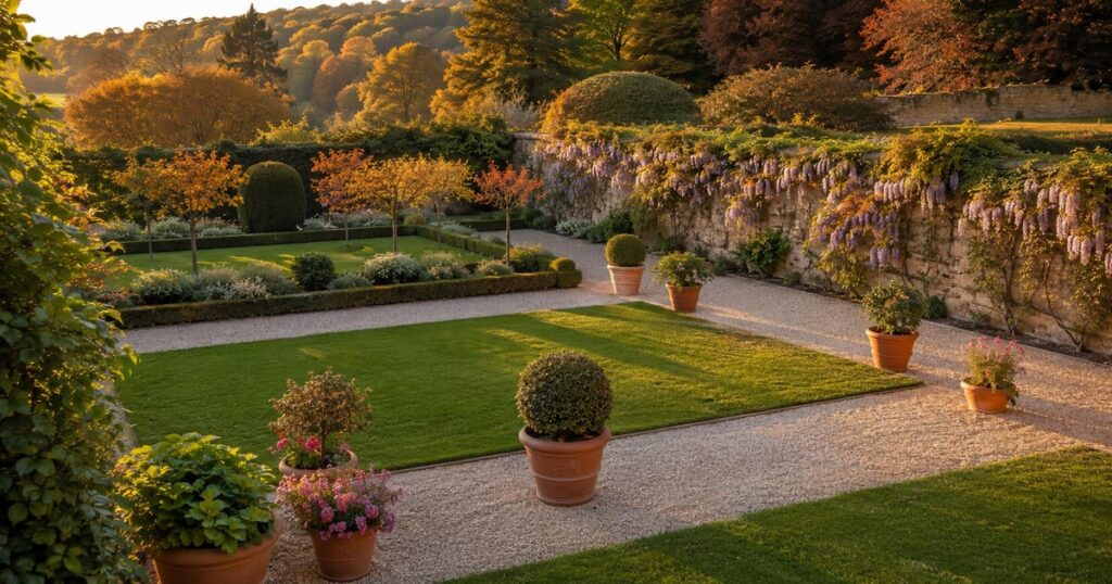 Jardin résidentiel français entretenu en automne lumière dorée