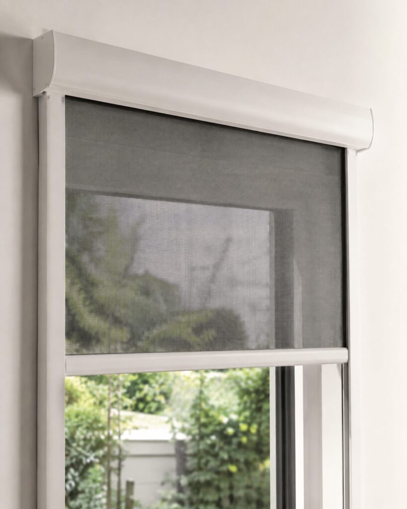 Moustiquaire enroulable verticale grise installée sur une fenêtre