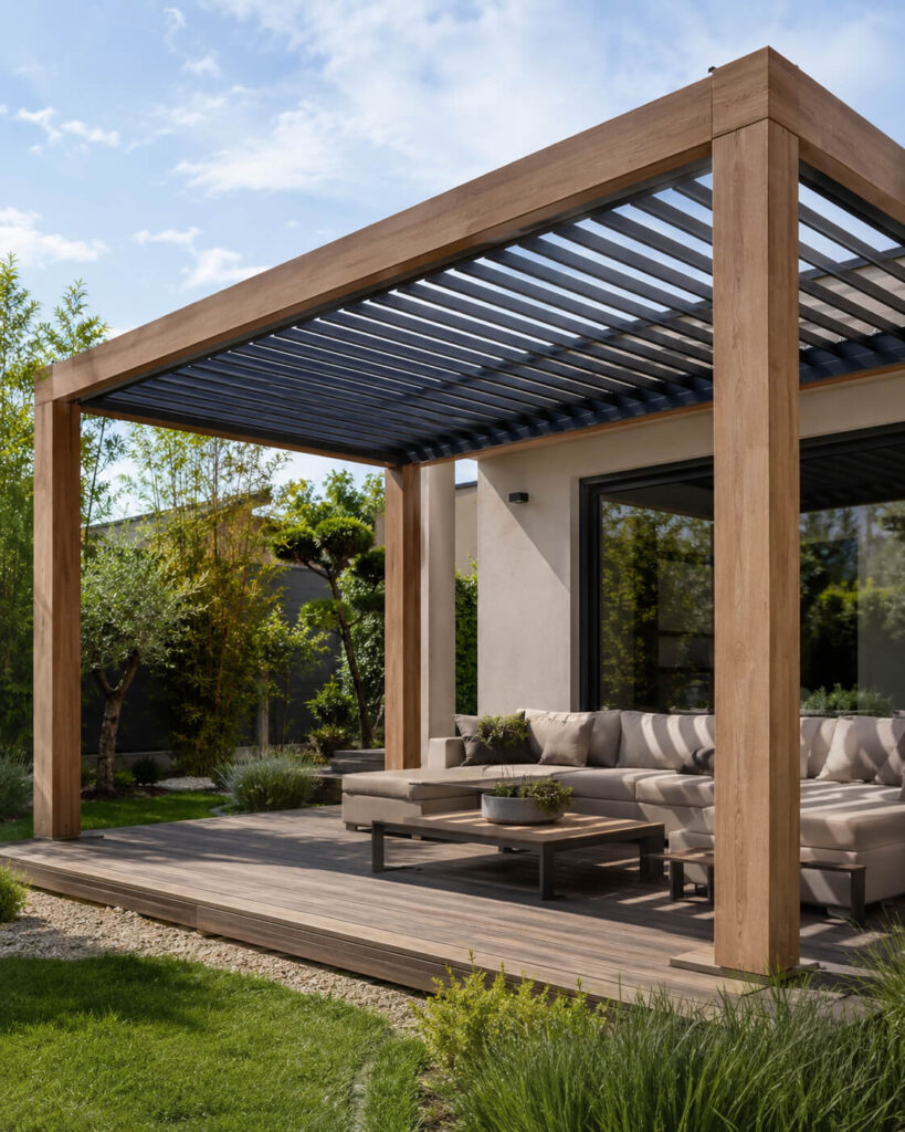 Pergola bois avec lames orientables réglant ombre et ventilation