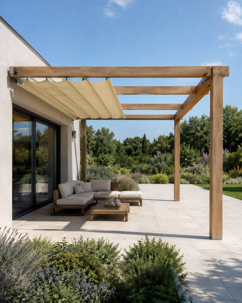 Pergola bois avec toile rétractable partiellement déployée sur terrasse