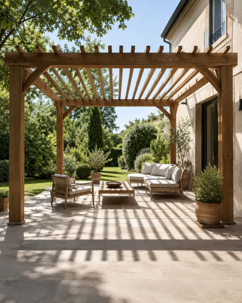 Pergola bois à traverses ajourées filtrant la lumière sur terrasse