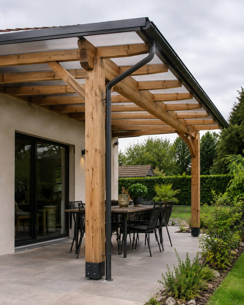 Pergola bois avec toiture polycarbonate protégeant une terrasse aménagée