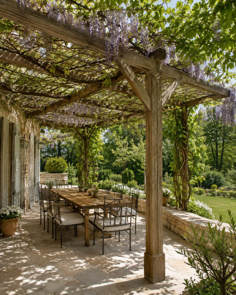 Pergola bois couverte de vigne et glycine sur terrasse