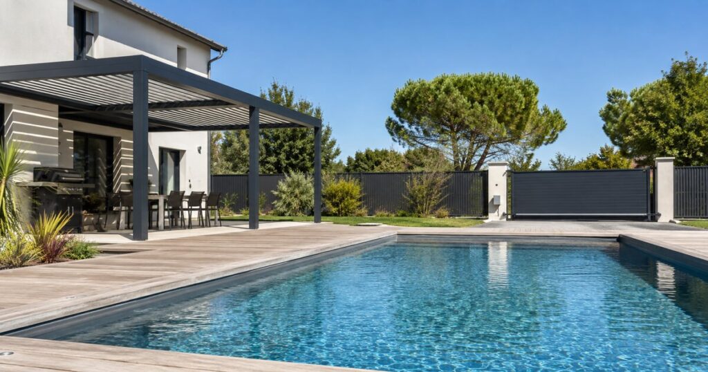Piscine semi-enterrée avec terrasse bois et clôture aluminium noir