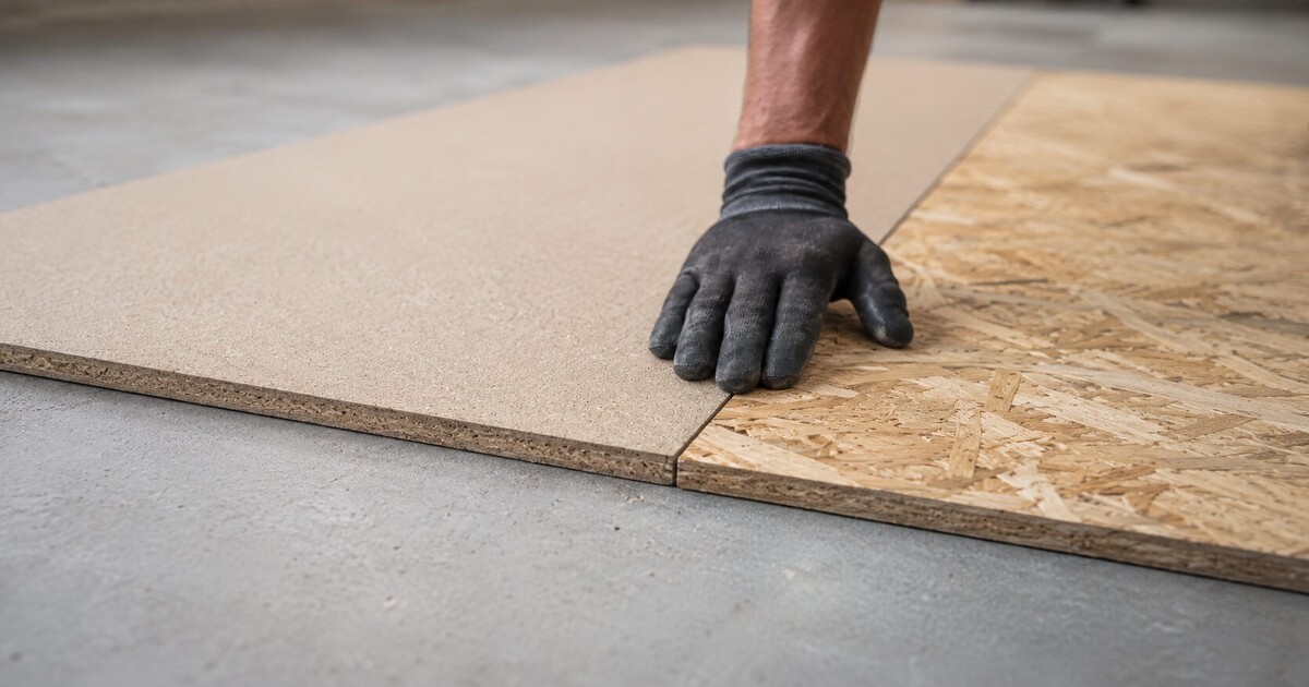 Comparaison visuelle entre un panneau de plancher en aggloméré et un panneau OSB