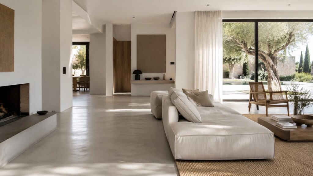 Salon minimaliste aéré et lumineux avec un sol en béton ciré élégant