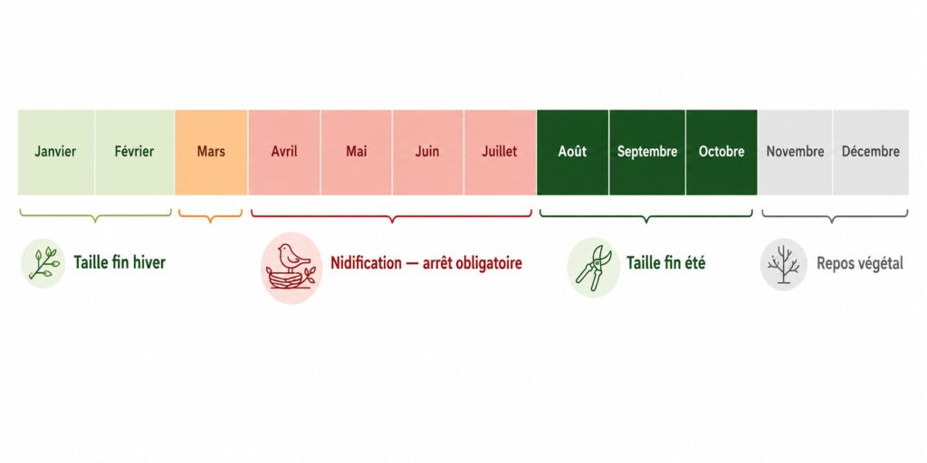 Infographie calendrier mensuel des périodes de taille de haie : fenêtre fin hiver, arrêt nidification mars-juillet, taille fin été