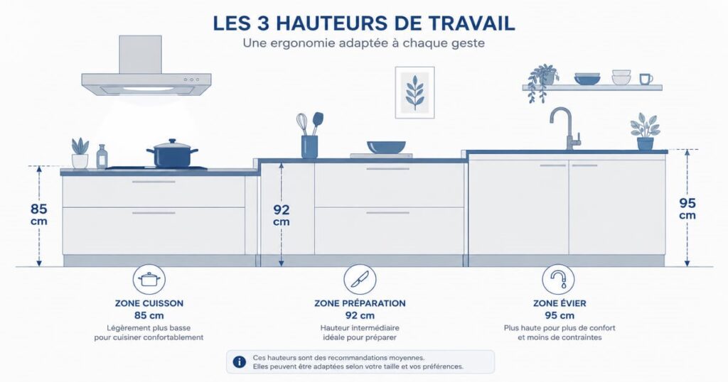 Différence de hauteur entre zone de cuisson, plan de préparation et évier