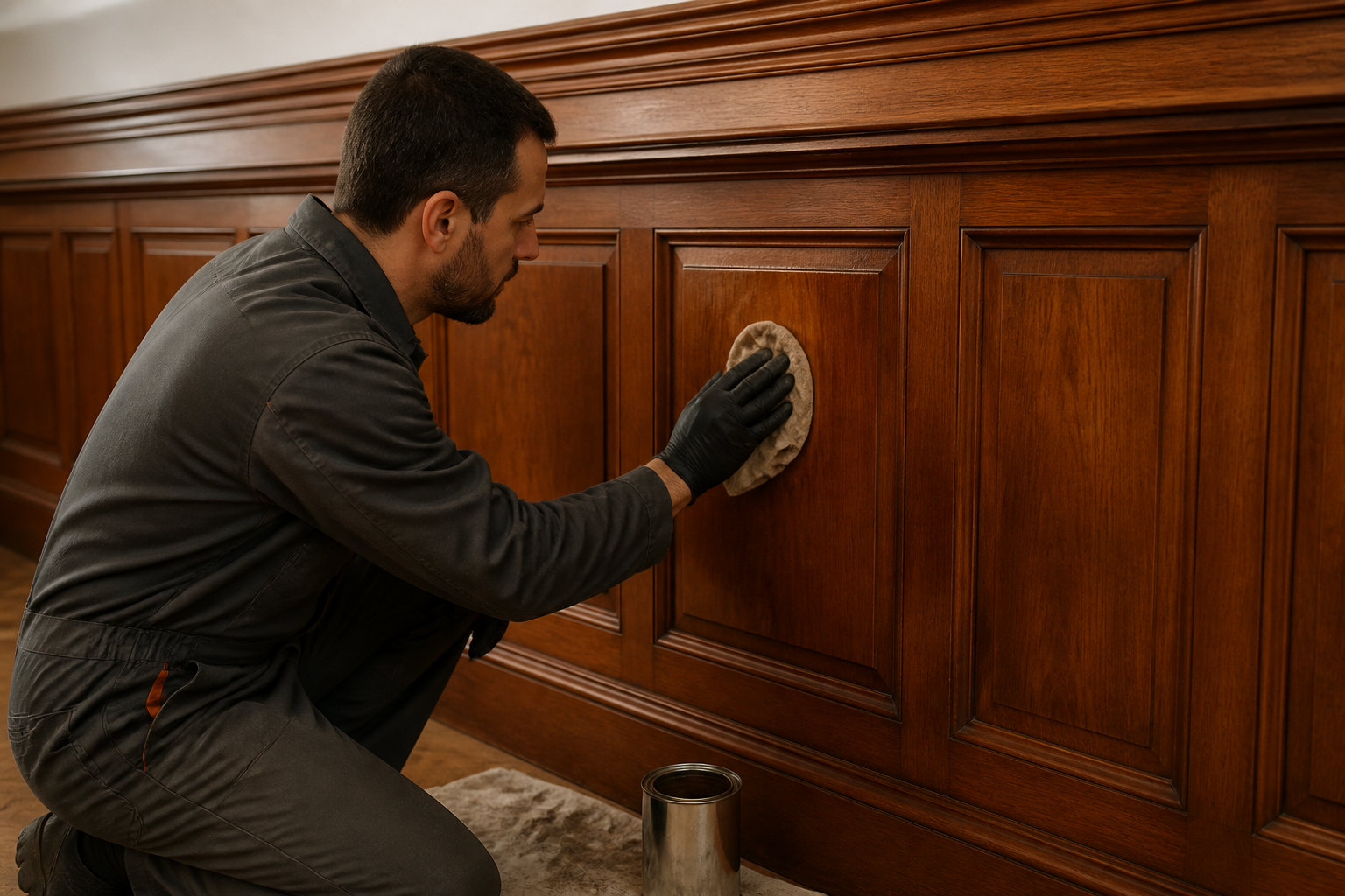 Application d'une finition protectrice sur lambris bois au plafond