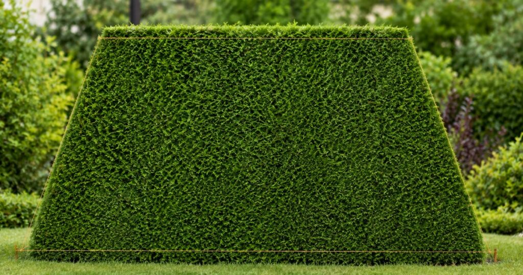 Haie de thuyas en forme de trapèze parfait avec base large