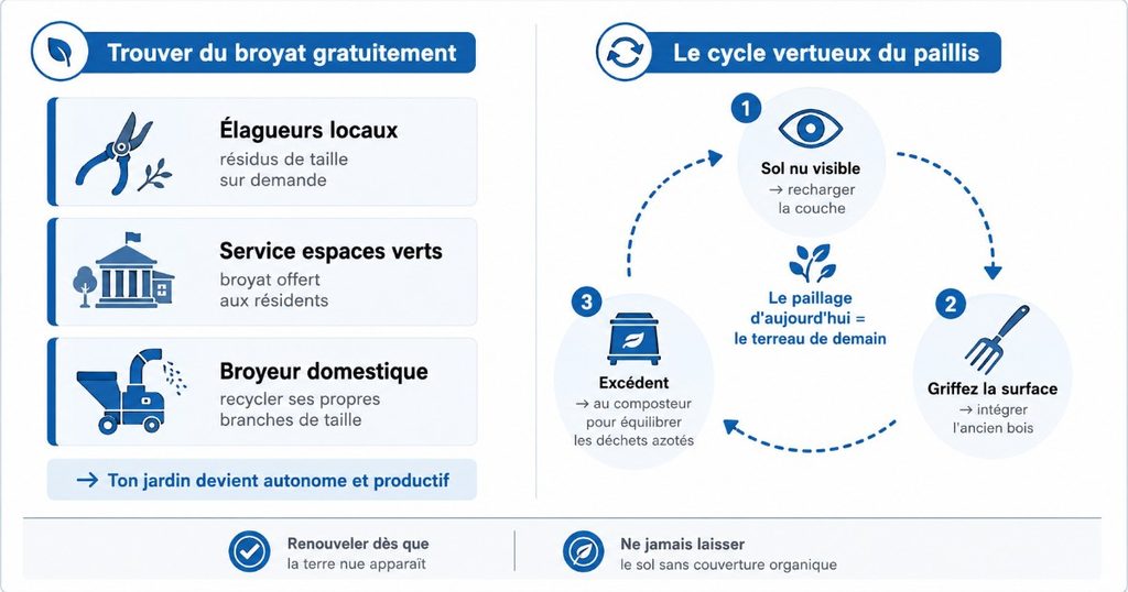 Infographie, sources de broyat gratuit et cycle de renouvellement du paillage copeaux de bois