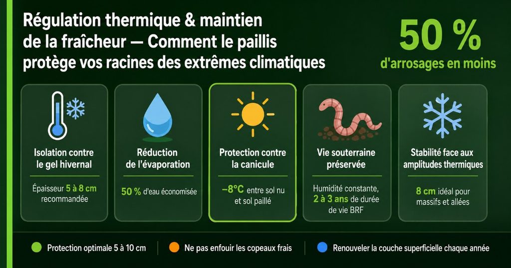 Infographie régulation thermique du paillage copeaux de bois : 5 bénéfices pour protéger les racines