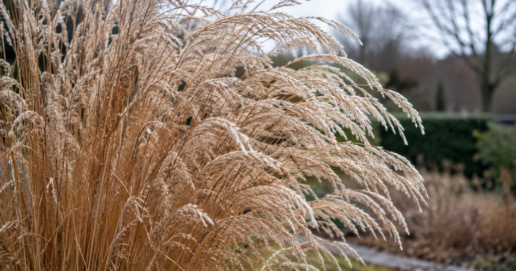 Cannes sèches de Miscanthus x giganteus en fin d'hiver prêtes pour la récolte et la transformation en paillis