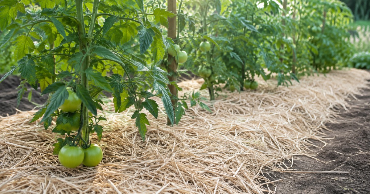 Paillage de miscanthus clair au pied de plants de tomates dans un potager bio soigné