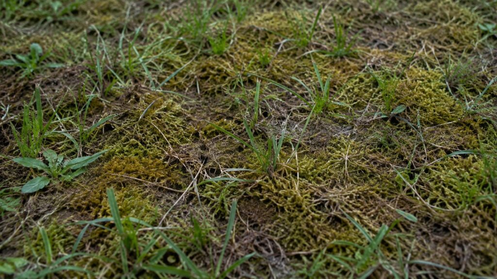 Pelouse asphyxiée par une couche de mousse et de feutre végétal avant scarification