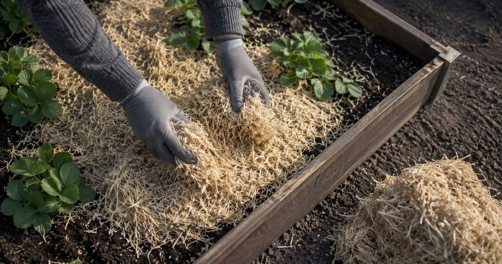 ose du paillis de miscanthus dans un potager, mains gantées étalant les fibres sur un sol désherbé