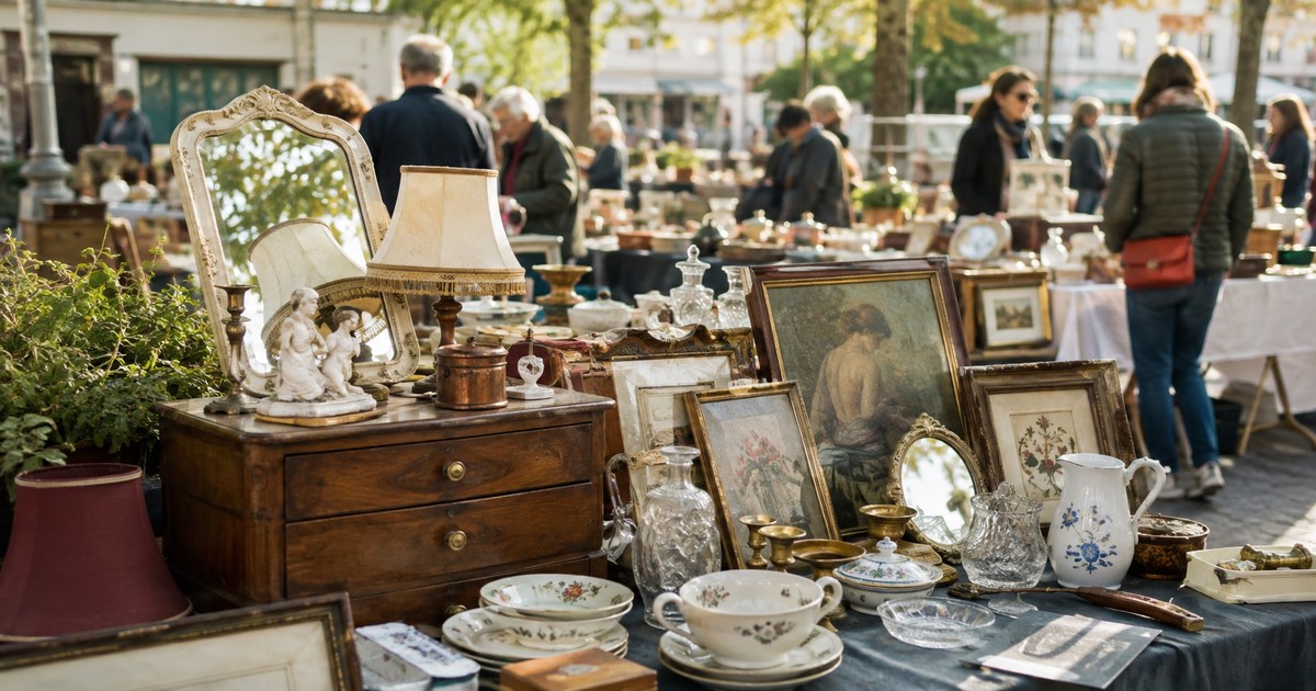 Stand de brocante avec meubles et objets déco anciens