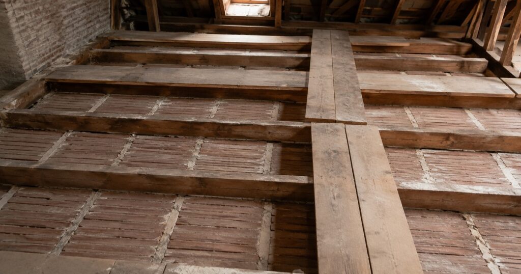 Planches de chantier posées perpendiculairement sur des solives en bois pour circuler en sécurité dans les combles