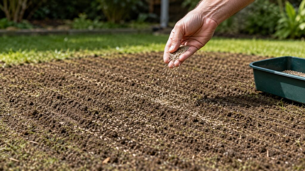 Sursemis de graines de gazon sur pelouse scarifiée pour relancer la repousse et combler les zones dégarnies