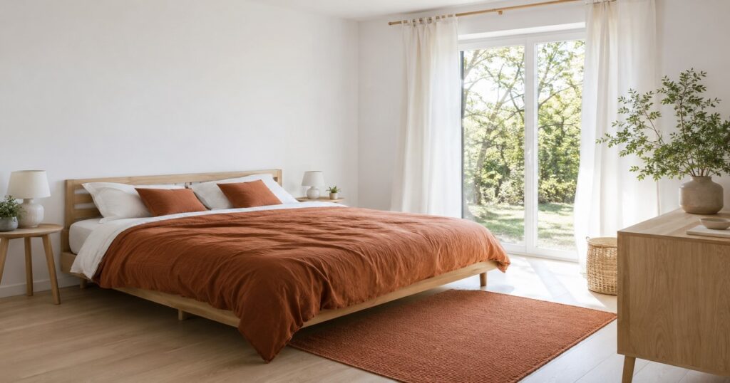 Chambre aux murs blancs avec des touches textiles terracotta en linge de lit et tapis